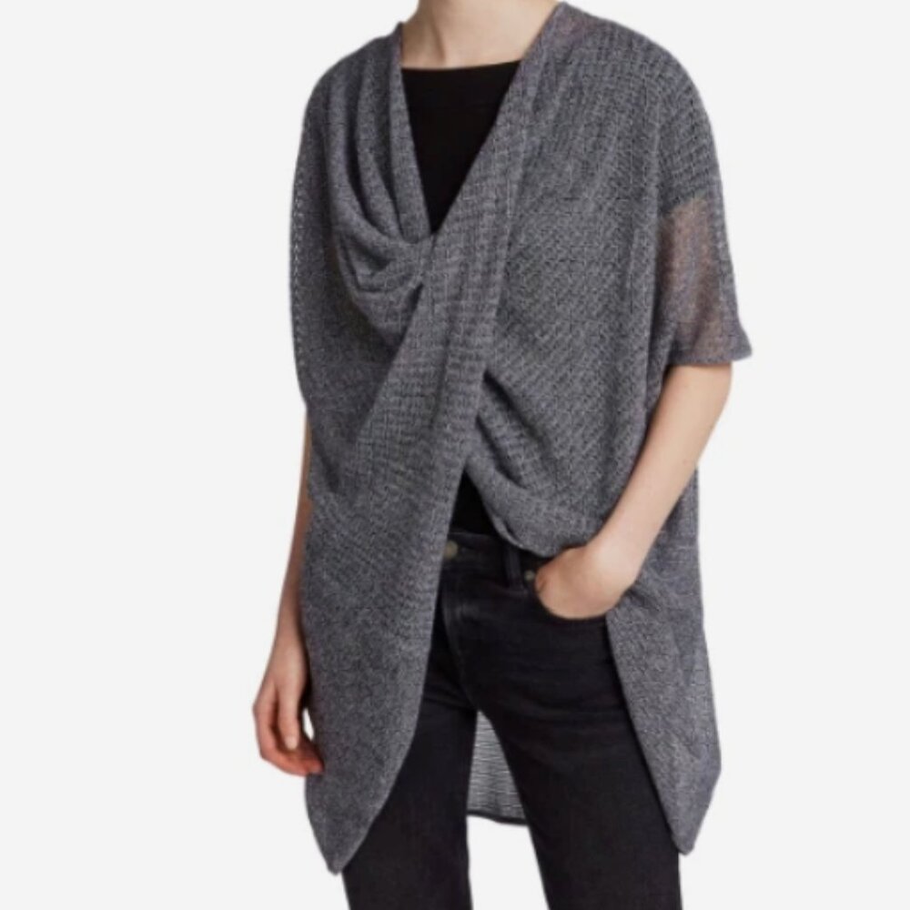 AllSaints Grey Itat Twist Tee Open Knit Sweater Wrap Jumper Mesh Shrug Sz Small